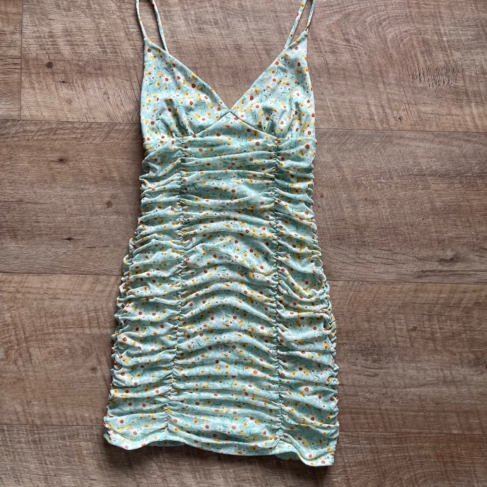 Blue Blush Floral Ruched Mini Dress